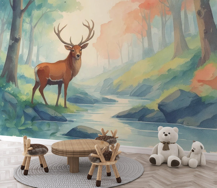 Woodland Deer Wall Mural Magical Forest Animal Wallpaper for Playroom - Wallmotif.com