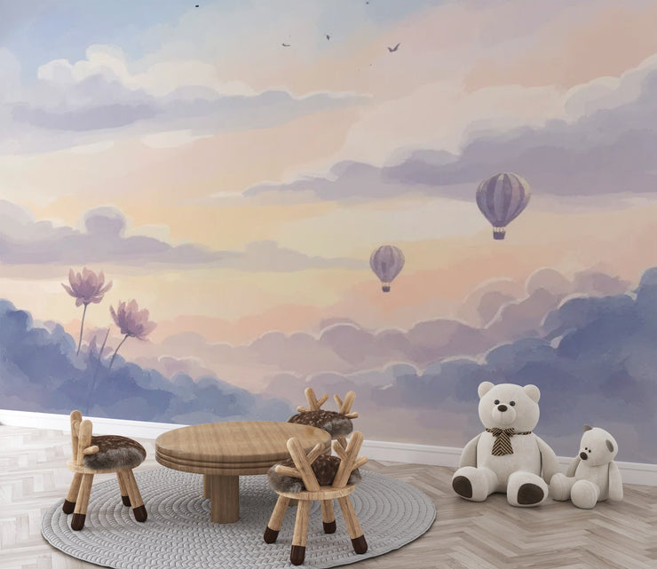 Watercolor Sky Wall Mural for Kids Room - Dreamy Cloud & Hot Air Balloon Wallpaper - Wallmotif.com