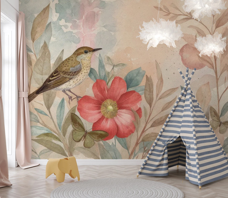 Watercolor Bird Floral Wallpaper, Nursery Mural, Removable Self-Adhesive Wall Decal - Wallmotif.com