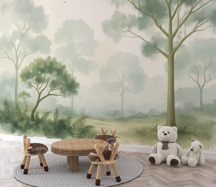 Watercolor Forest Trees Wall Mural – Kids Room Nature Peel and Stick Wallpaper - Wallmotif.com
