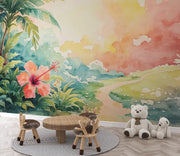 Jungle Dream Watercolor Mural Wallpaper - Adventure Awaits Nursery Wall Mural - Wallmotif.com