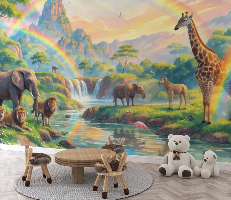Safari Rainbow Wall Mural - African Animals Nursery Wallpaper - Wallmotif.com