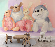 Cuddly Plush Friends Wall Mural - Watercolor Wallpaper for Nursery & Baby Room Decor - Wallmotif.com