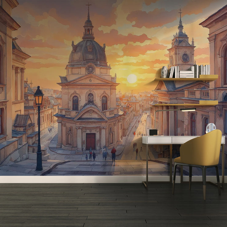 Sunset European Cityscape Wall Mural - Elegant Home Decor - Wallmotif.com