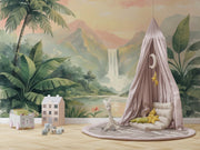 Tropical Paradise Wall Mural for Kids Room - Watercolor Jungle & Waterfall Wallpaper - Wallmotif.com