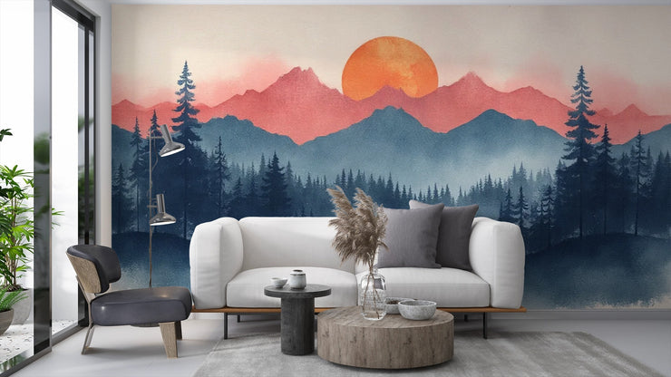 Sunrise Mountain Forest Wall Mural - Nature Inspired Decor - Wallmotif.com